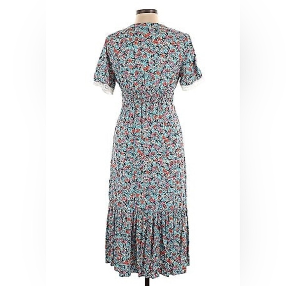 ZARA Boho Blue Red Floral Print V-Neck Lace Midi Dress size extra small - Picture 6 of 13